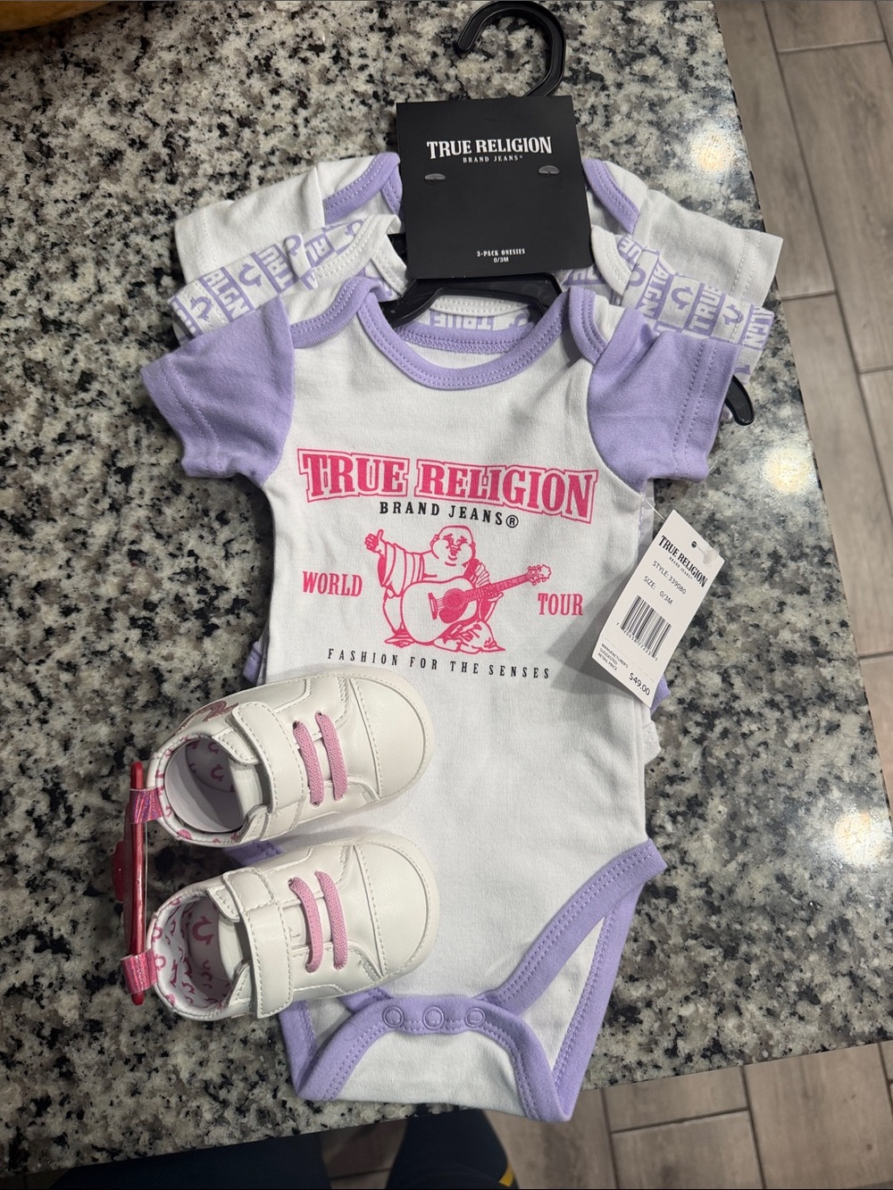 True Religion Infant Bodysuit in White with Lavender Trim and Pink Print / shoes